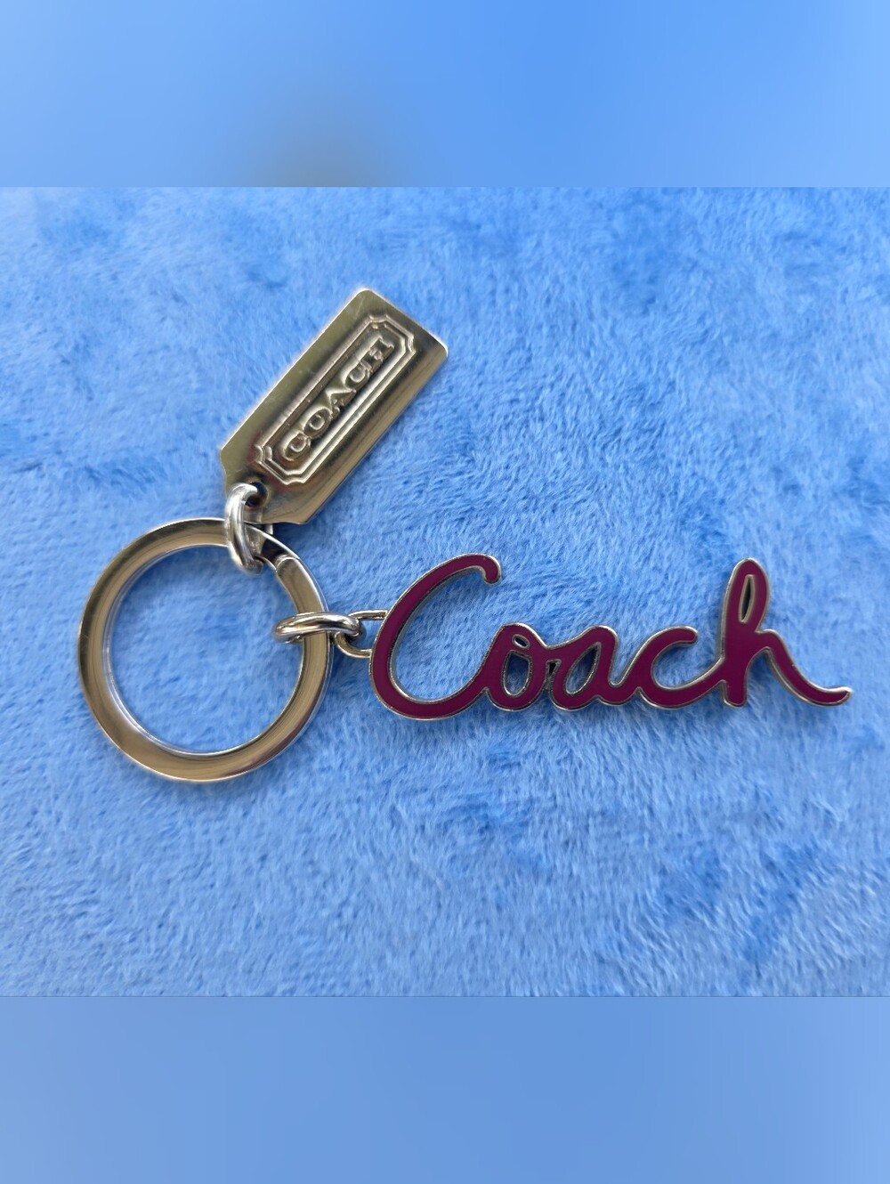 COACH Poppy Dark Pink Script Logo Keyring with Metal Tag
